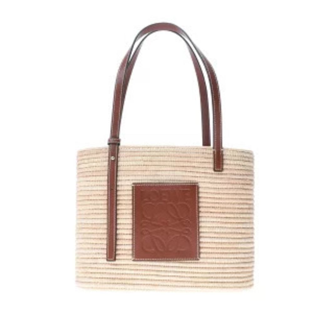 LOEWE Square Basket Bag Tan Raffia Calfskin Handbag